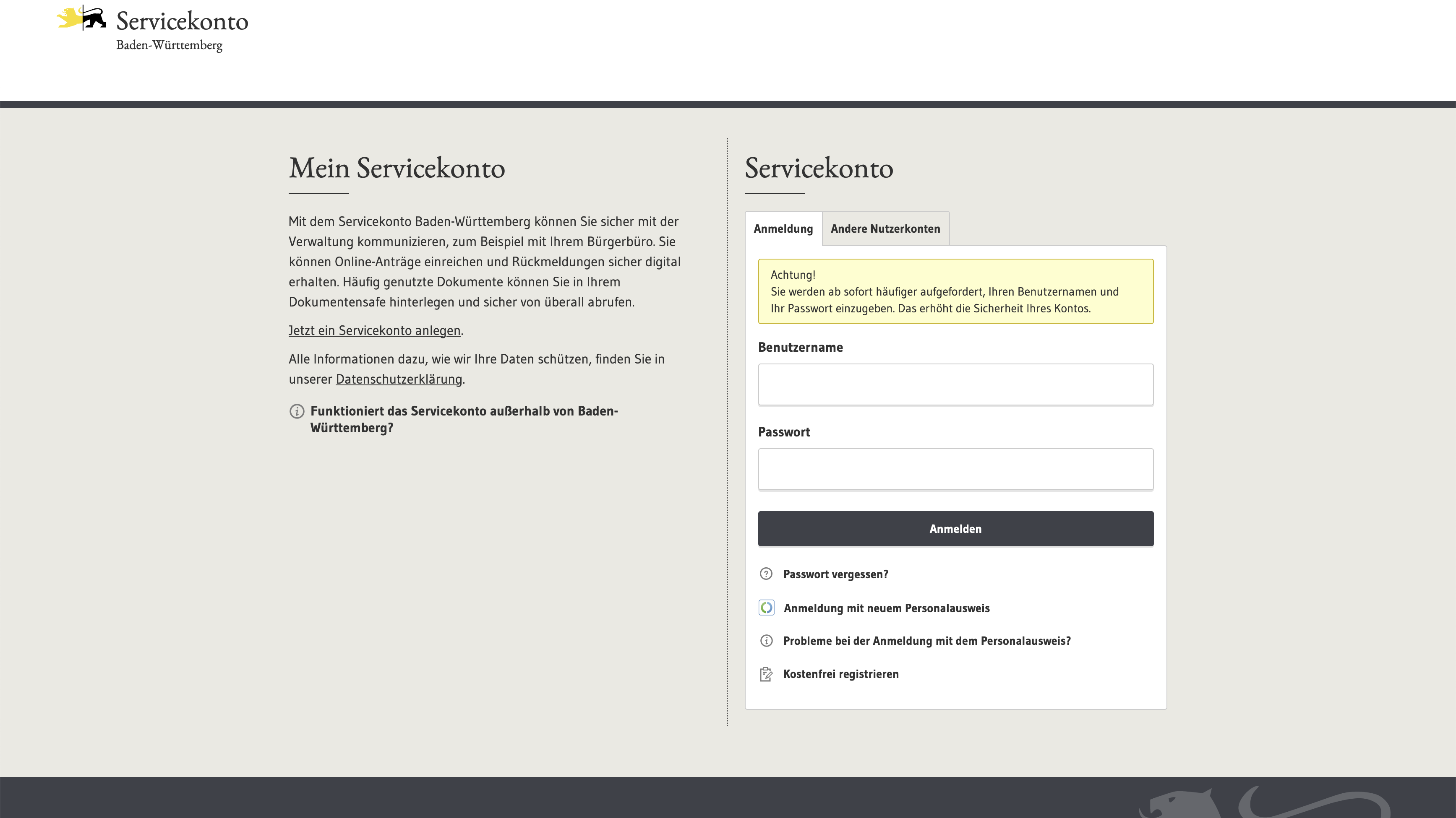 Servicekonto Screenshot